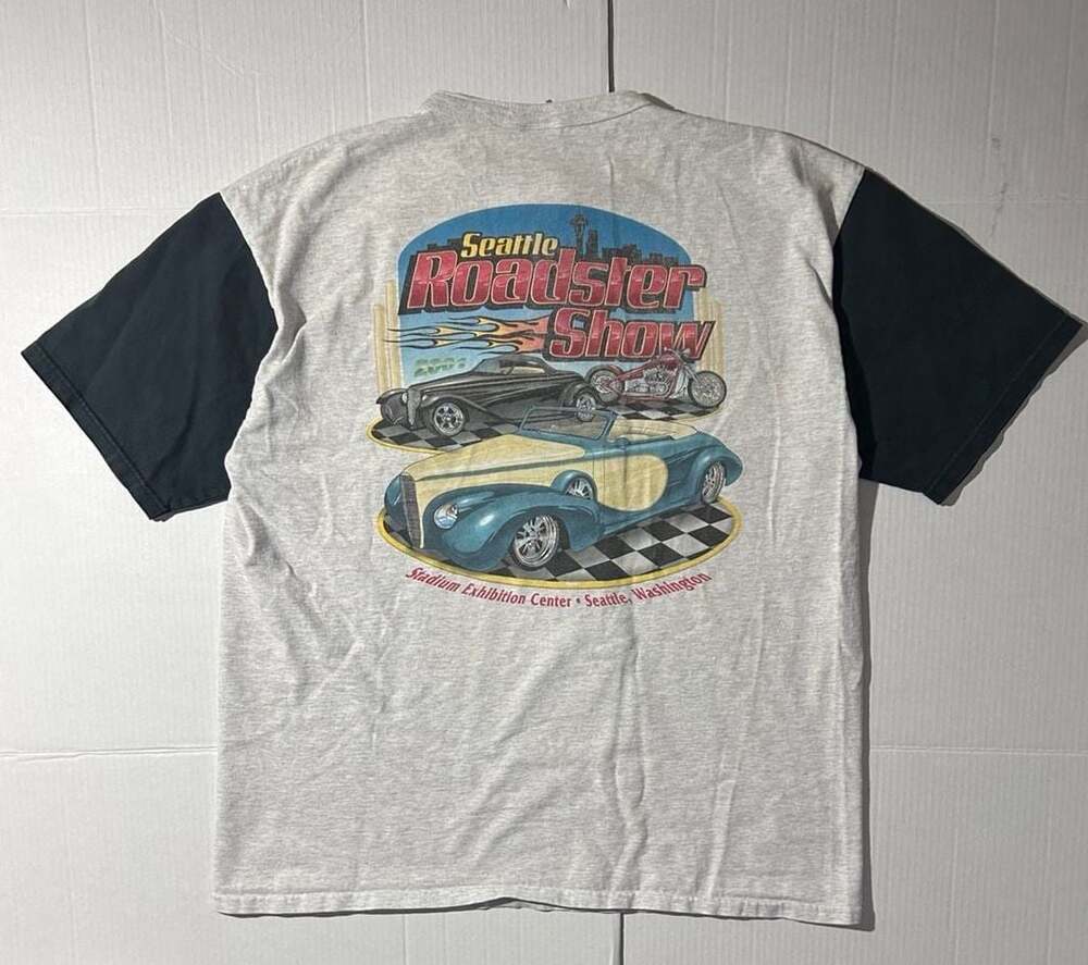 Vintage 2001 Seattle Roadster Show Henley T-Shirt XL Gray Black Cotton Deluxe